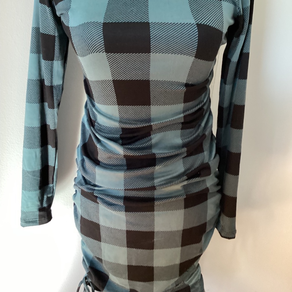 NWOT HELLO MIZ MATERNTY SMALL MIDI DRESS MOCKNECL PLAID TEAL BLACK - Picture 3 of 11